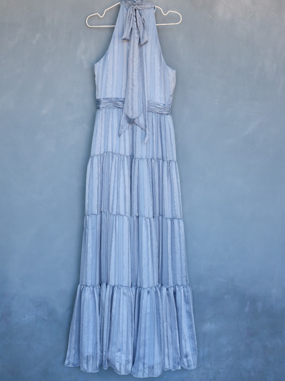NWOT Mac Duggal Halter Neck Tiered Chiffon Gown, Size 6 Light Blue, High Neck